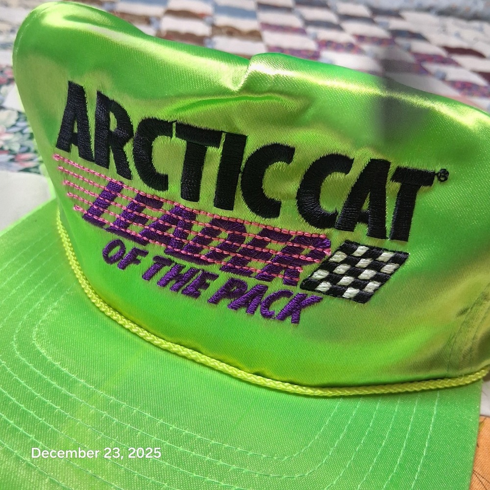 VTG Arctic Cat Leader of The Pack Neon Green Trucker Hat Snowmobile Strap Back - Picture 2 of 7